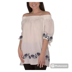 NY Collection Embroidered Elbow Sleeve Peasant Blouse in white, LARGE